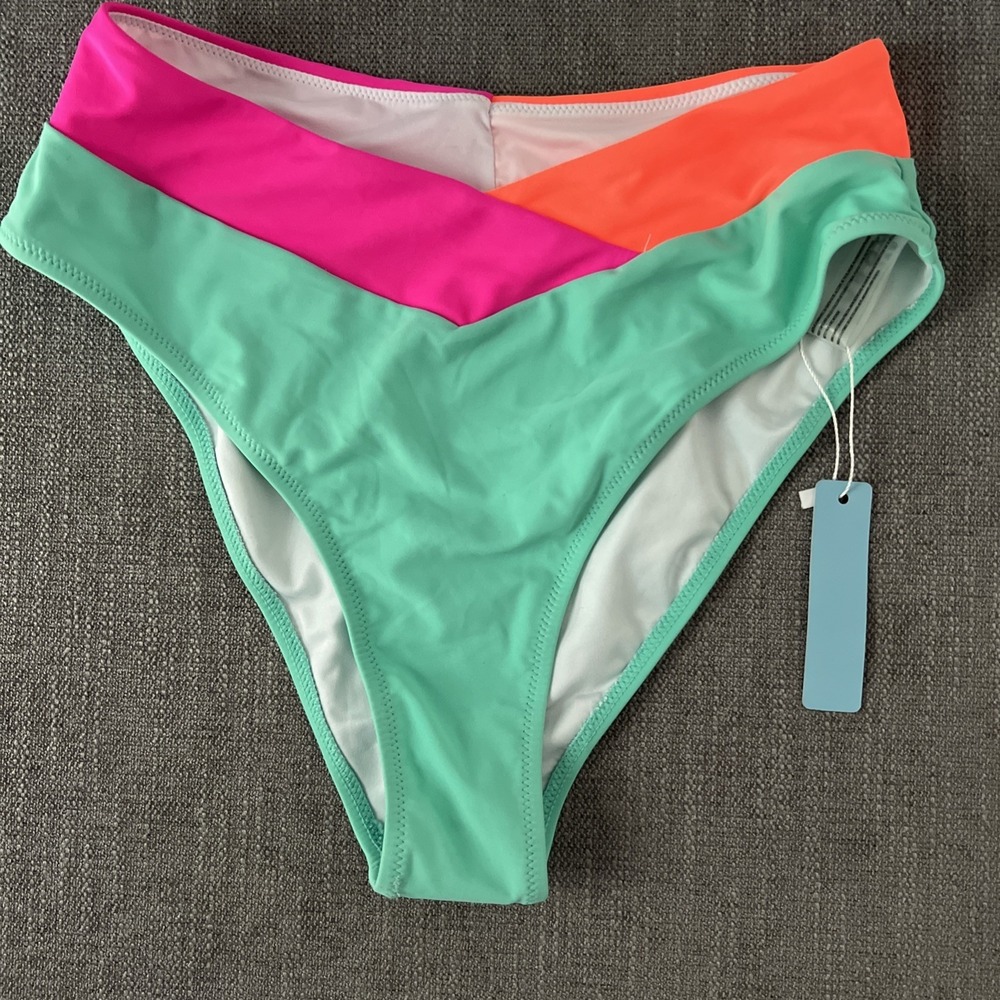 Popvil Neon Color Block High Waisted Bikini Bottom Pink Orange Mint SZ MED NWT - Picture 1 of 10